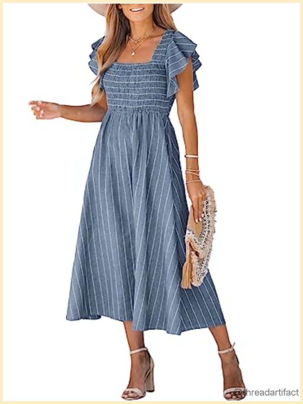 Striped Smocked Ruffle Cap Sleeve A-Line Maxi Dress